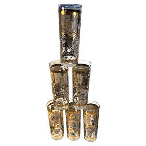 Cera World Map Highball Glasses 22k Gold MCM Barware 1960's Vtg 6.5" Set Of 6